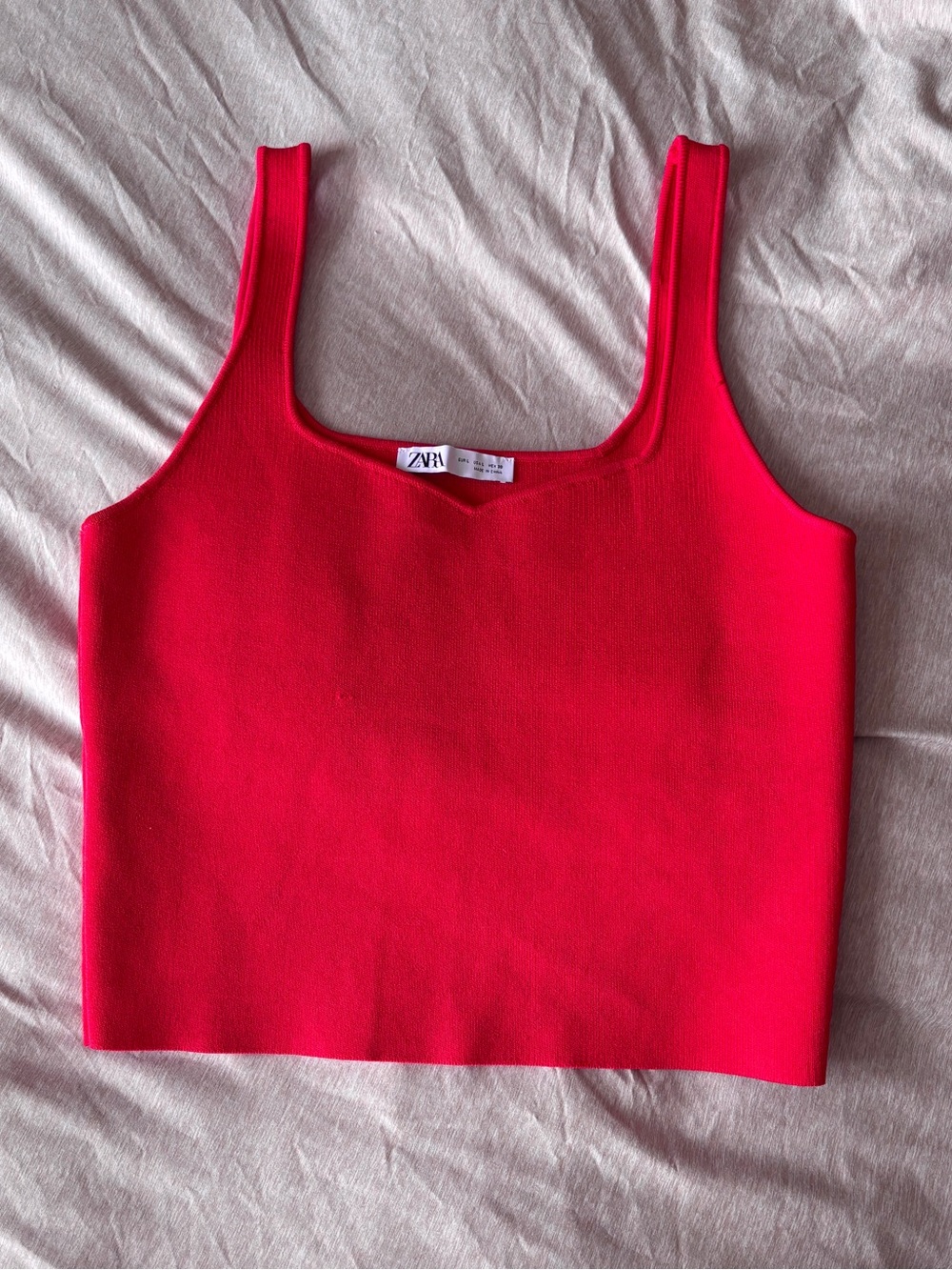 Zara Watermelon Red Ribbed Square-Neck Crop Tank